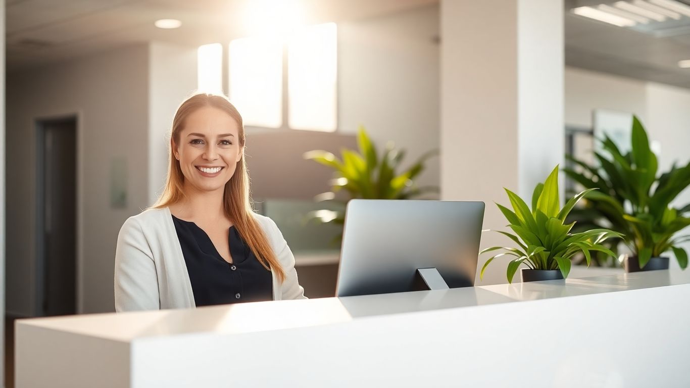 Receptionist at desk in modern office