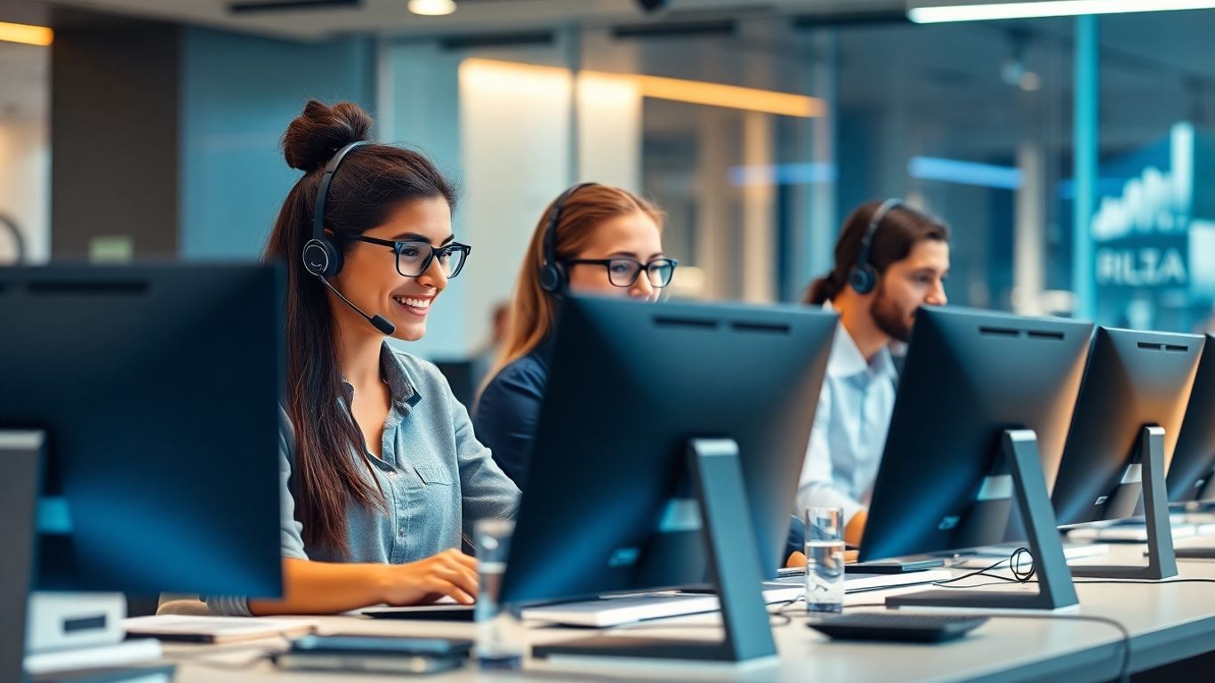Customer service agents using technology in modern office