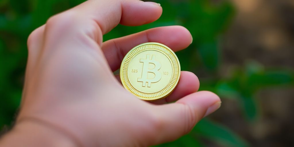 Hand holding a golden coin with blurred greenery behind.