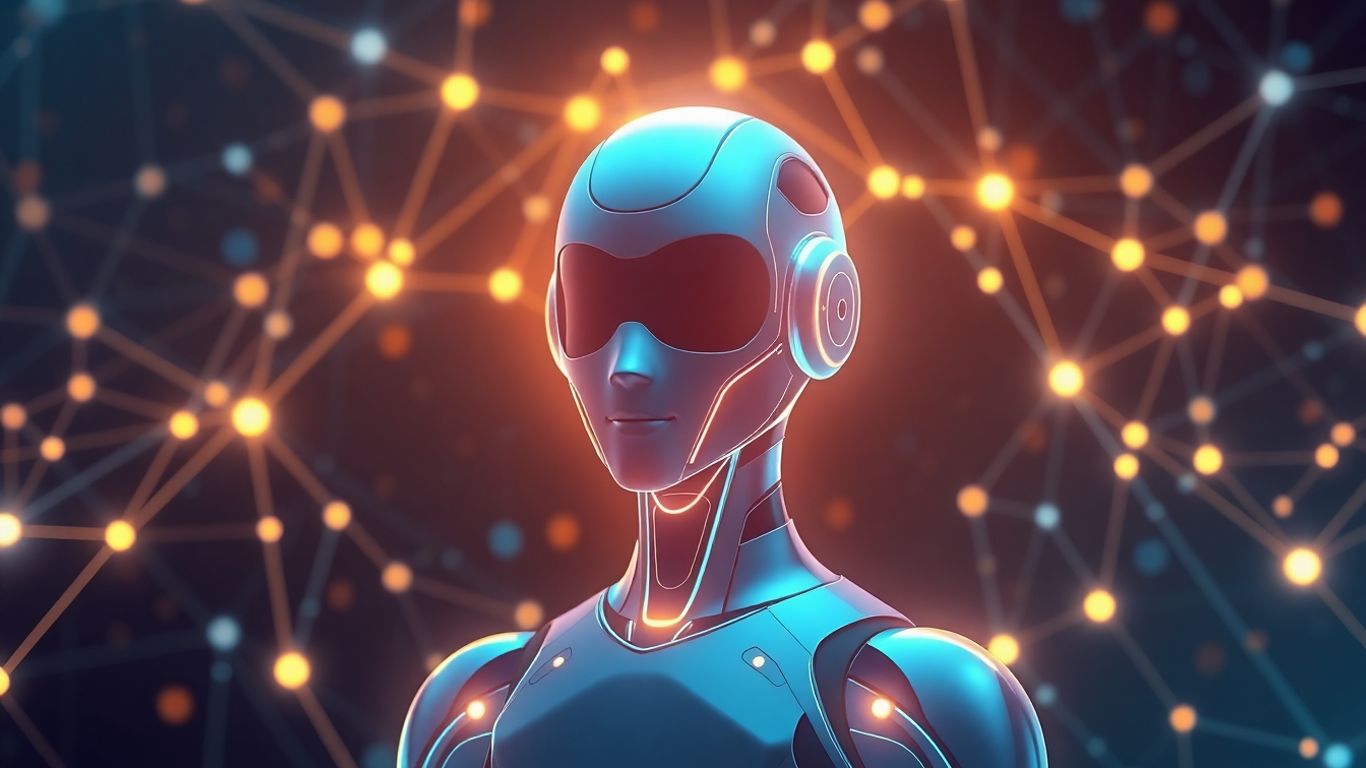 Futuristic AI chatbot interface with neural network patterns.