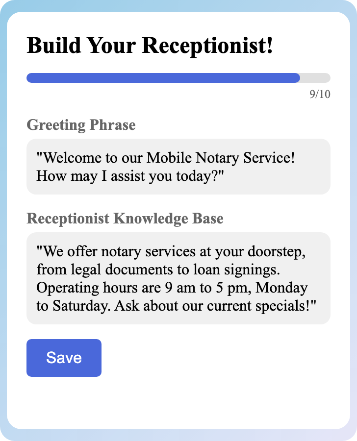 Sample receptionist setup for Mobile Notary Service