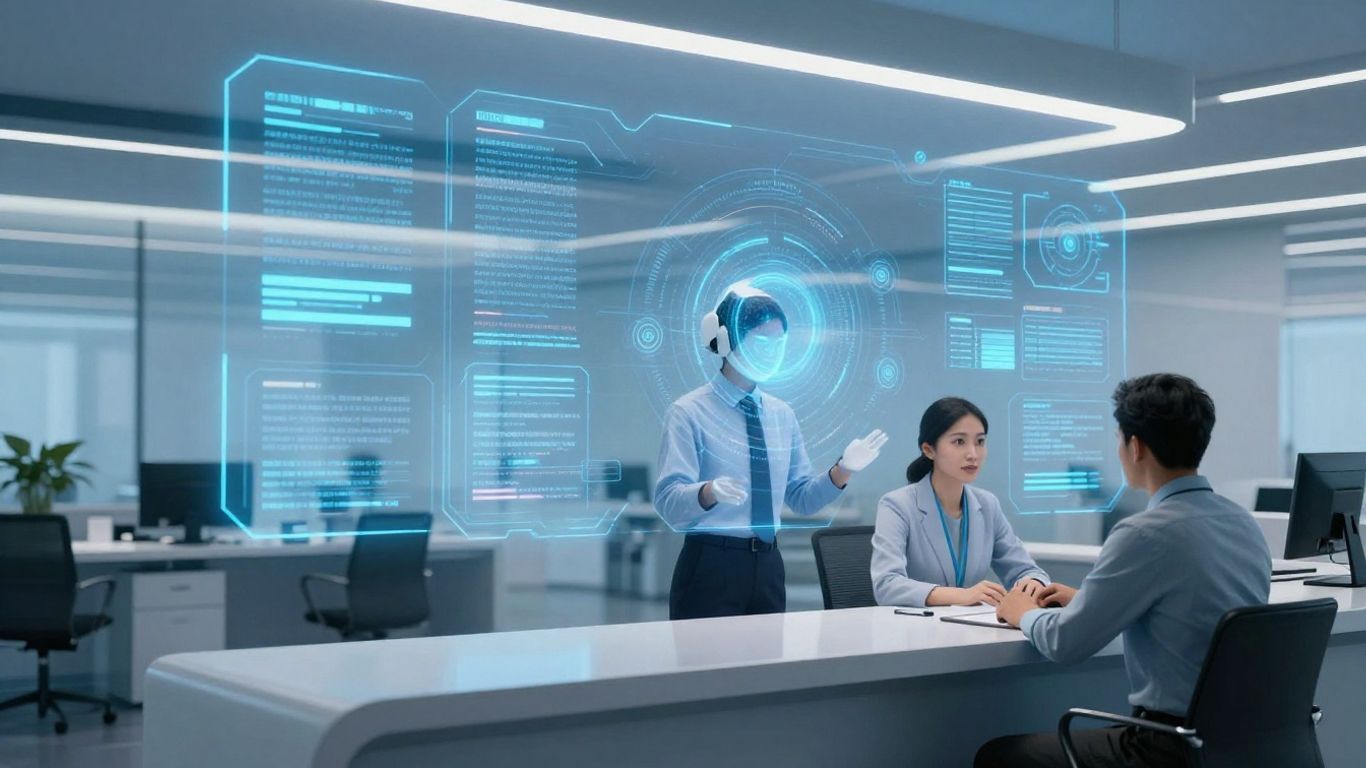 AI receptionist and client in a modern office.