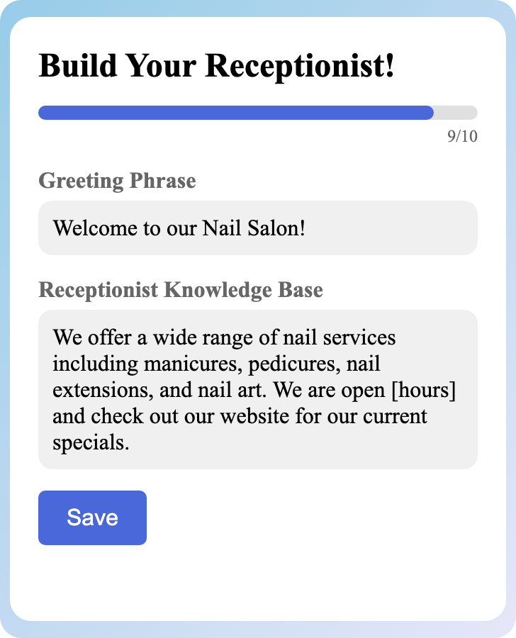 Sample receptionist setup for Nail Salon