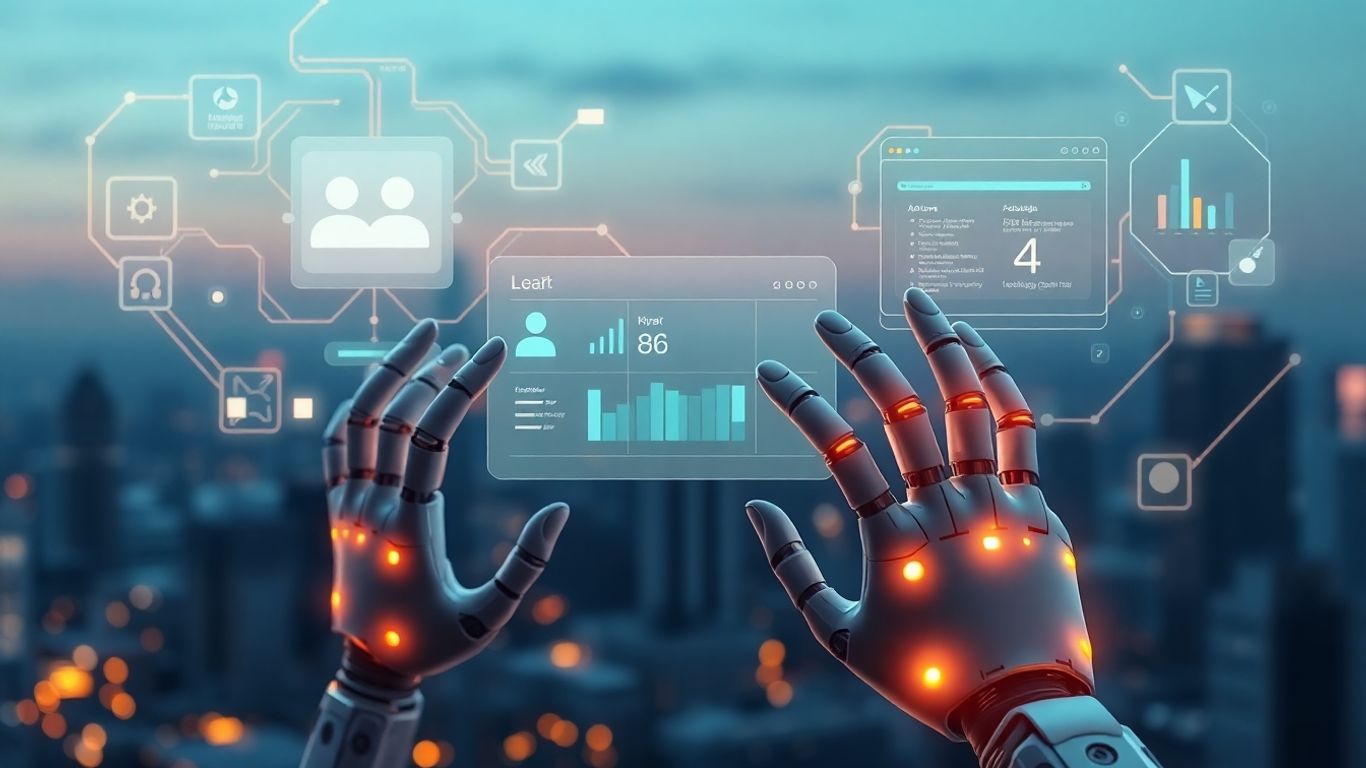 AI appointment setter interface with robotic hands and holographic schedules.
