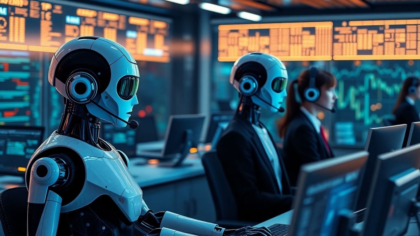 AI and robots in a futuristic call center.