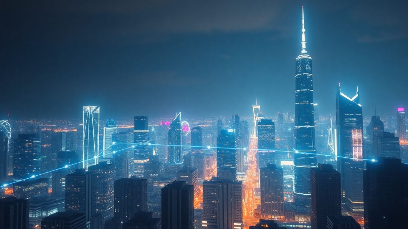 Futuristic cityscape with glowing AI data streams.