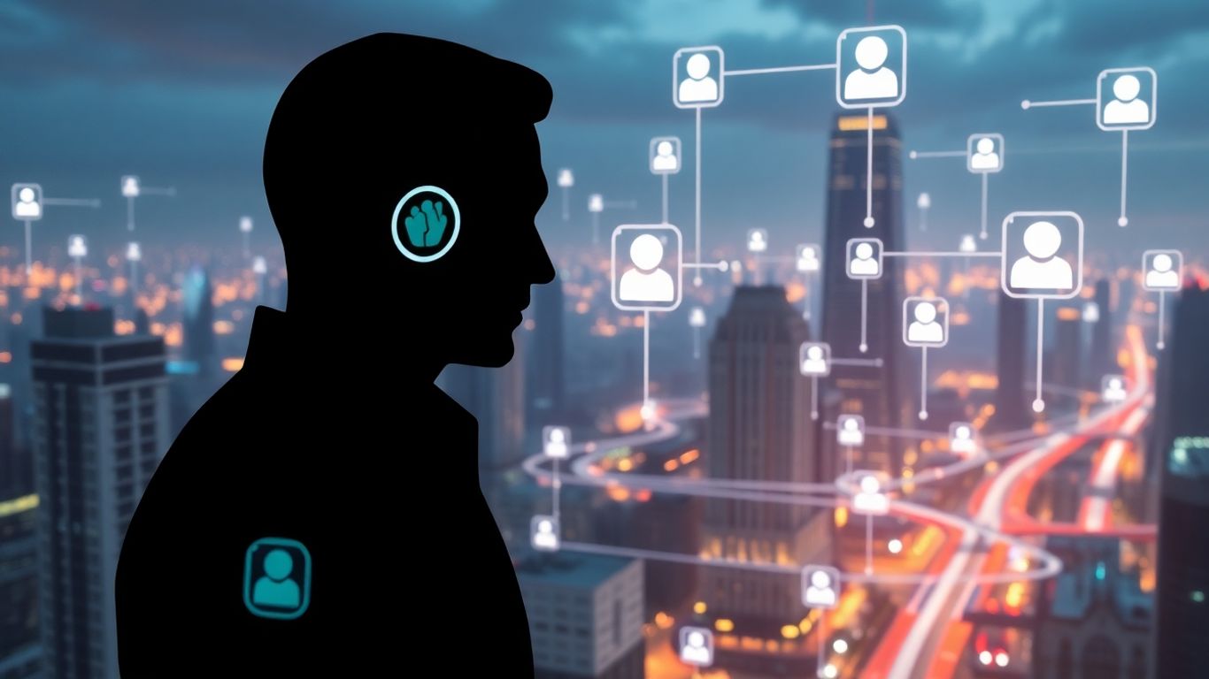 AI chatbot services landscape with futuristic city and human interaction.