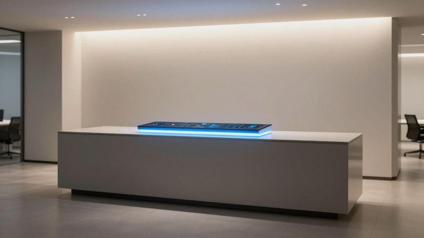 Modern reception desk with glowing blue AI interface.