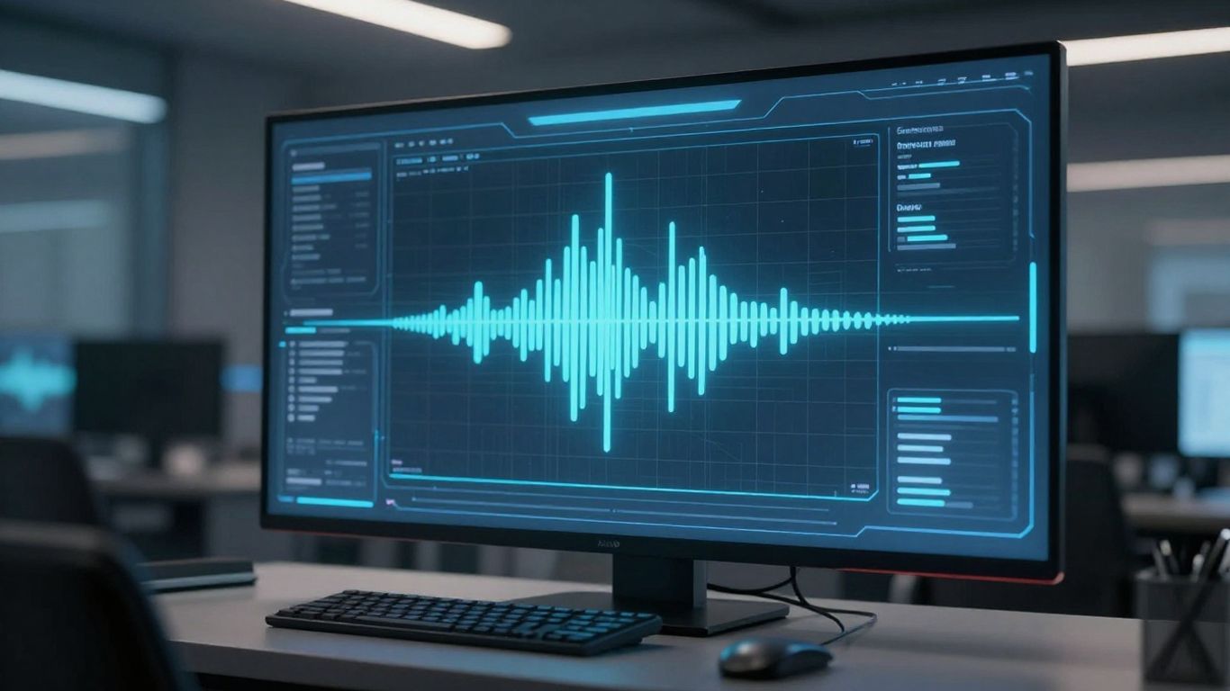 Futuristic voice AI interface on a computer screen.