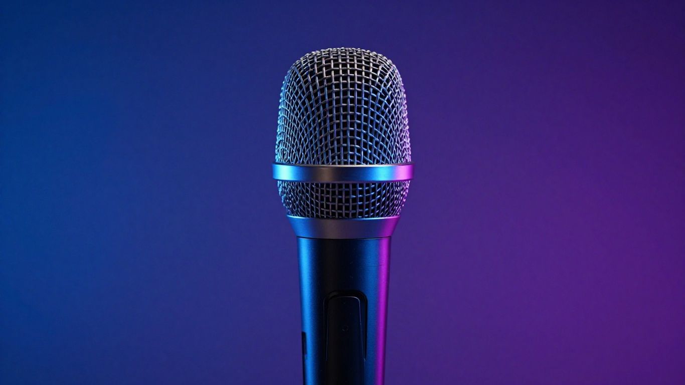 Modern microphone with blue glow, dark blue and purple background.