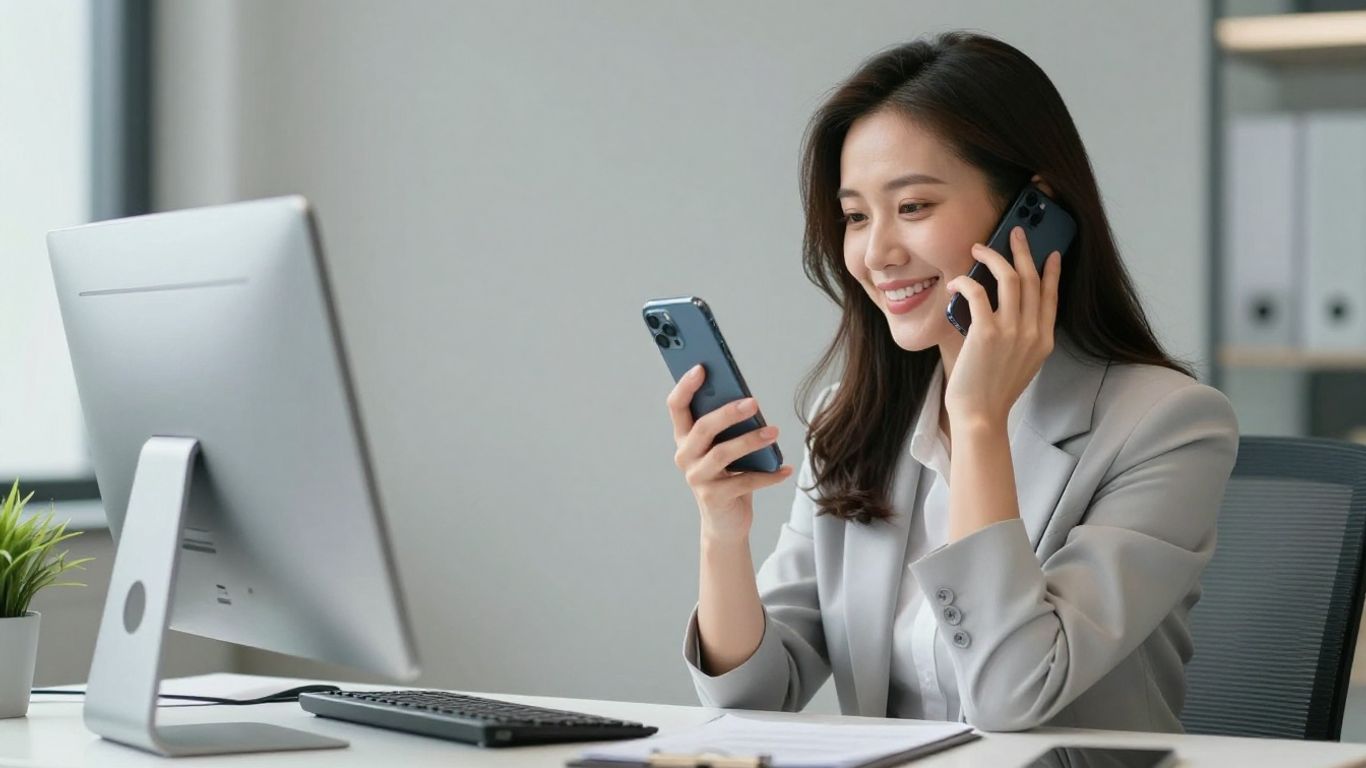 Professional answering a phone call with a smile.