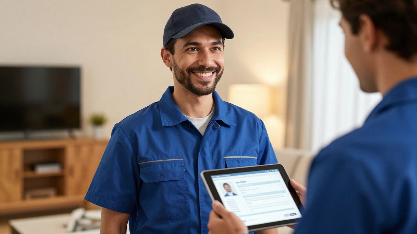 HVAC technician smiling, holding a tablet with customer info.