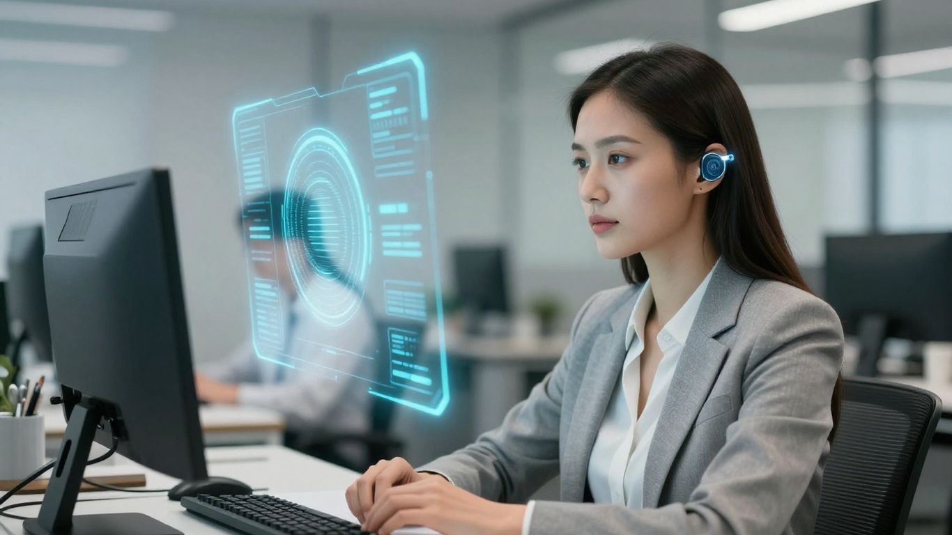 Professional woman using advanced AI answering service.