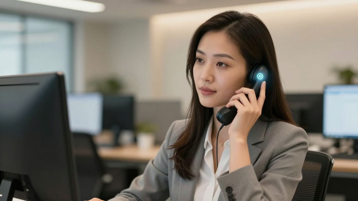 Professional woman with a glowing telephone icon near her ear.