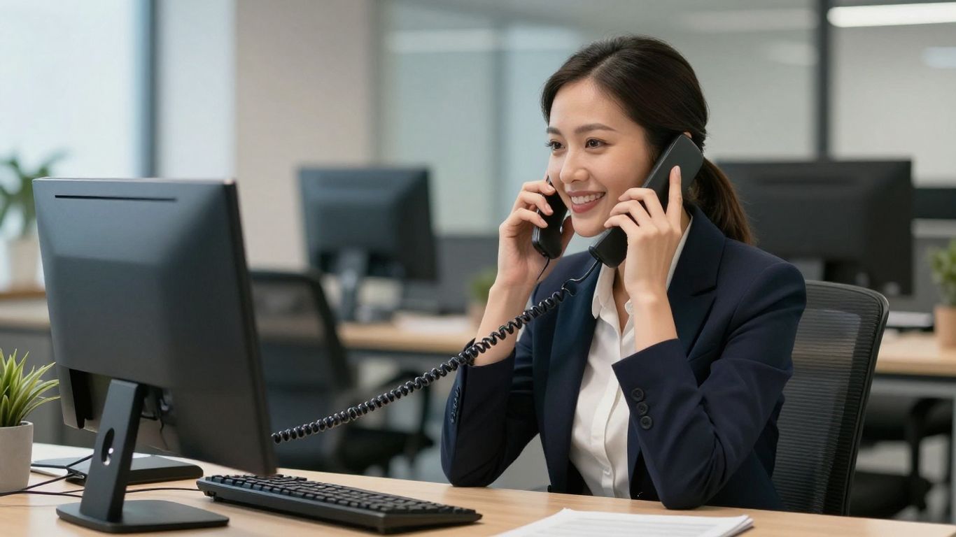Professional woman answering a phone call in an office.