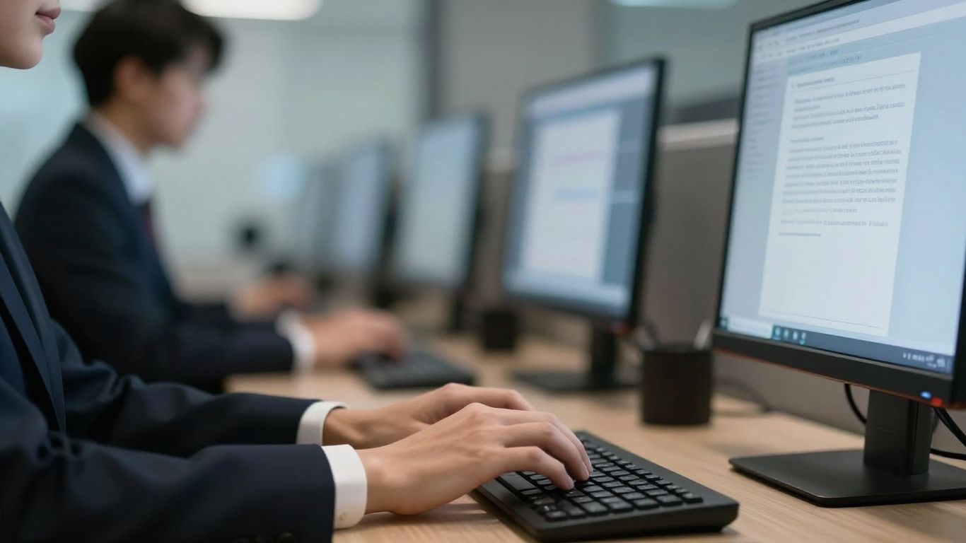 Receptionist working after hours on a computer.