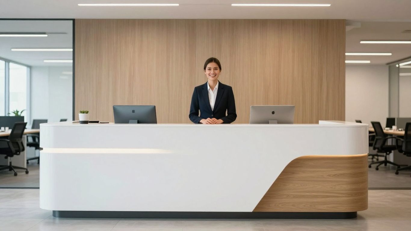 Professional receptionist in a modern office setting.