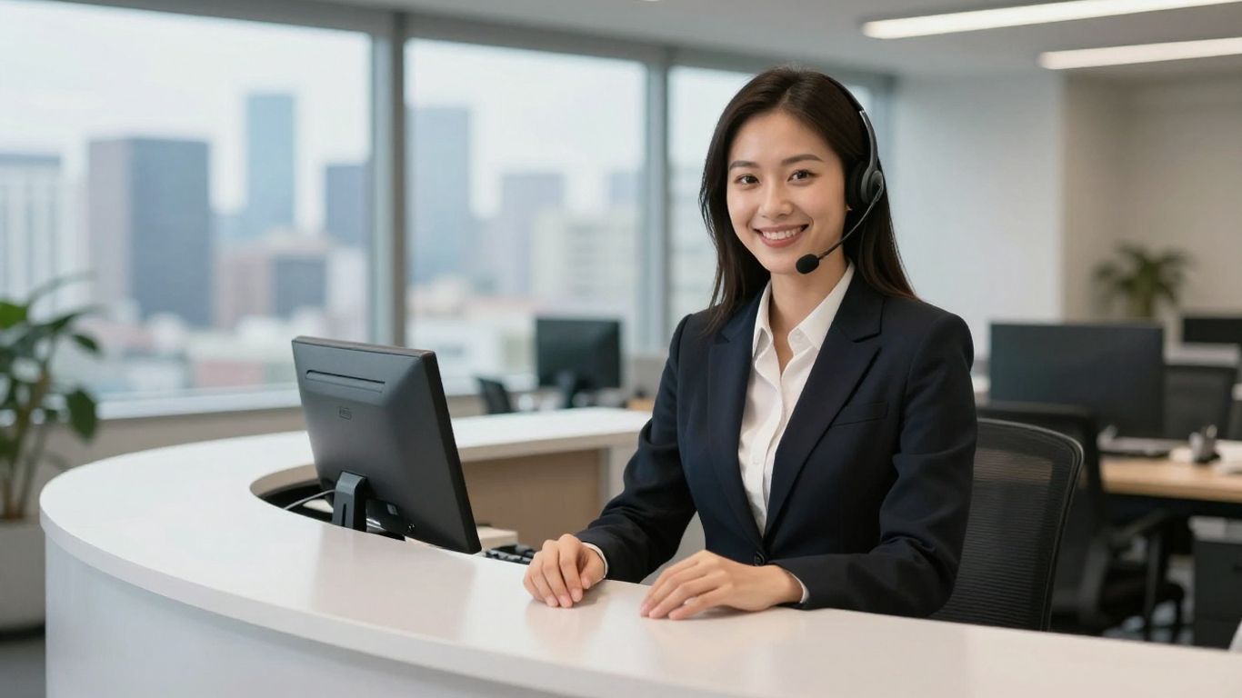 Receptionist with headset, ready to answer calls.