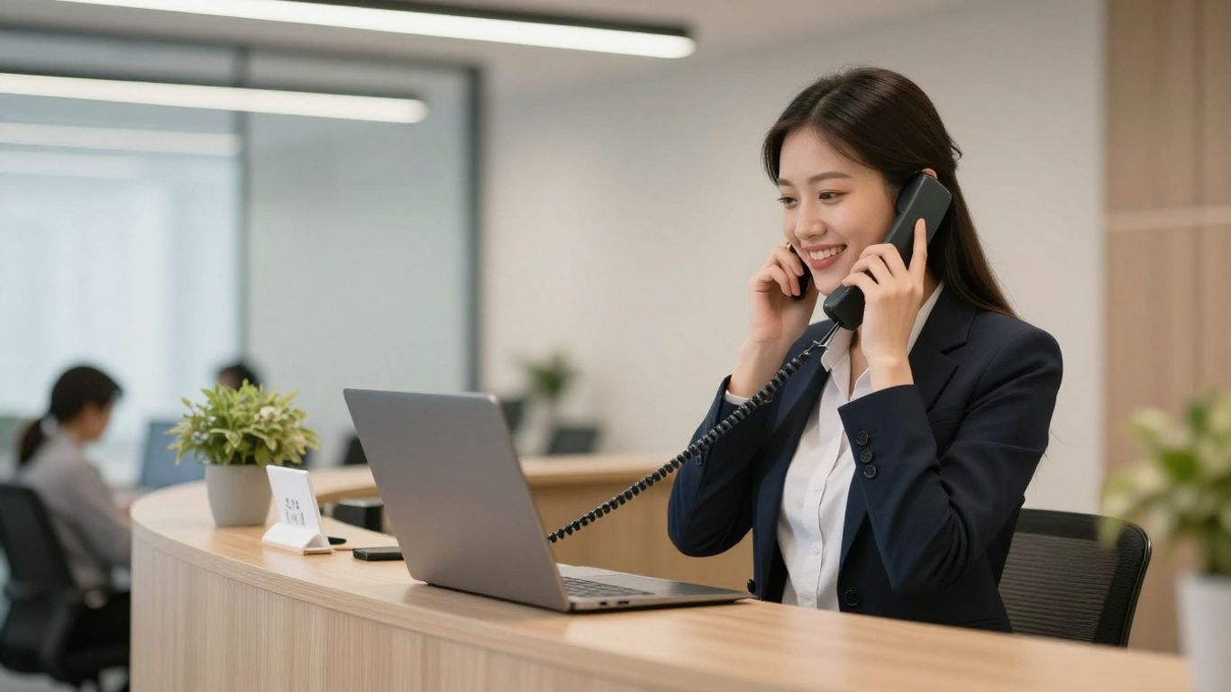 Receptionist answering a phone in a modern office.