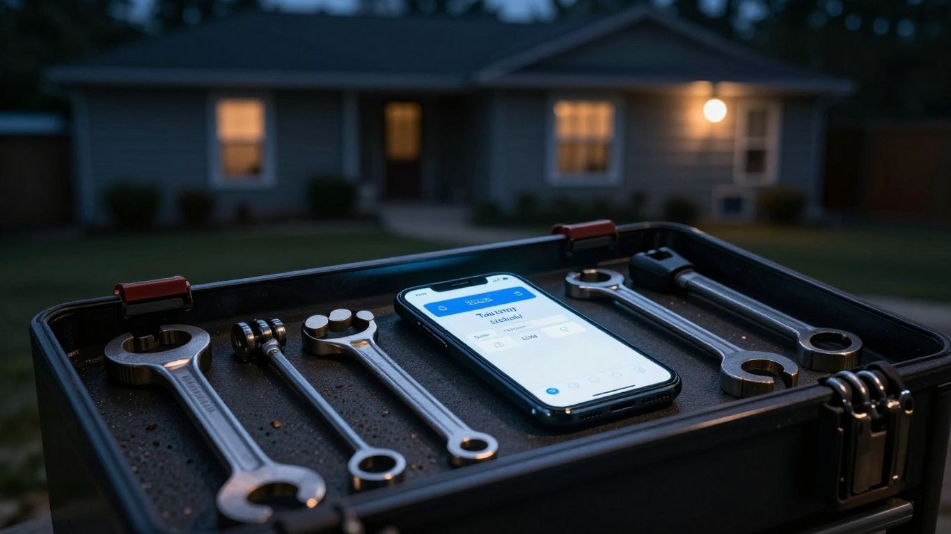 HVAC technician's tools and phone with missed call.