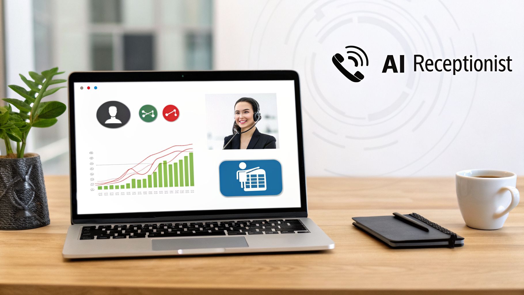 A laptop on a wooden desk displays AI receptionist software with a call agent and business charts.