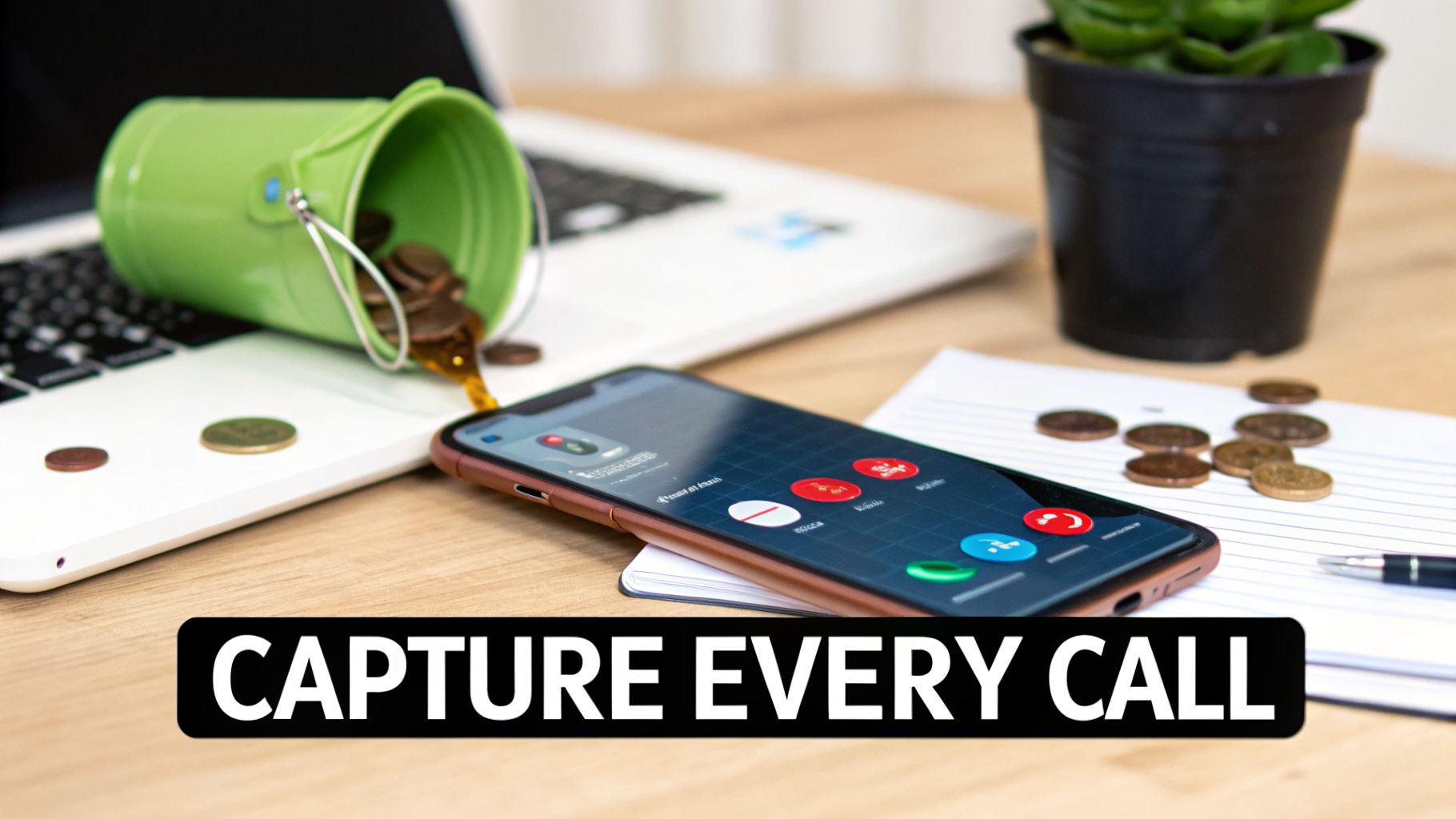 A smartphone with a call screen active next to coins spilling from a bucket onto a laptop. Text: Capture Every Call.