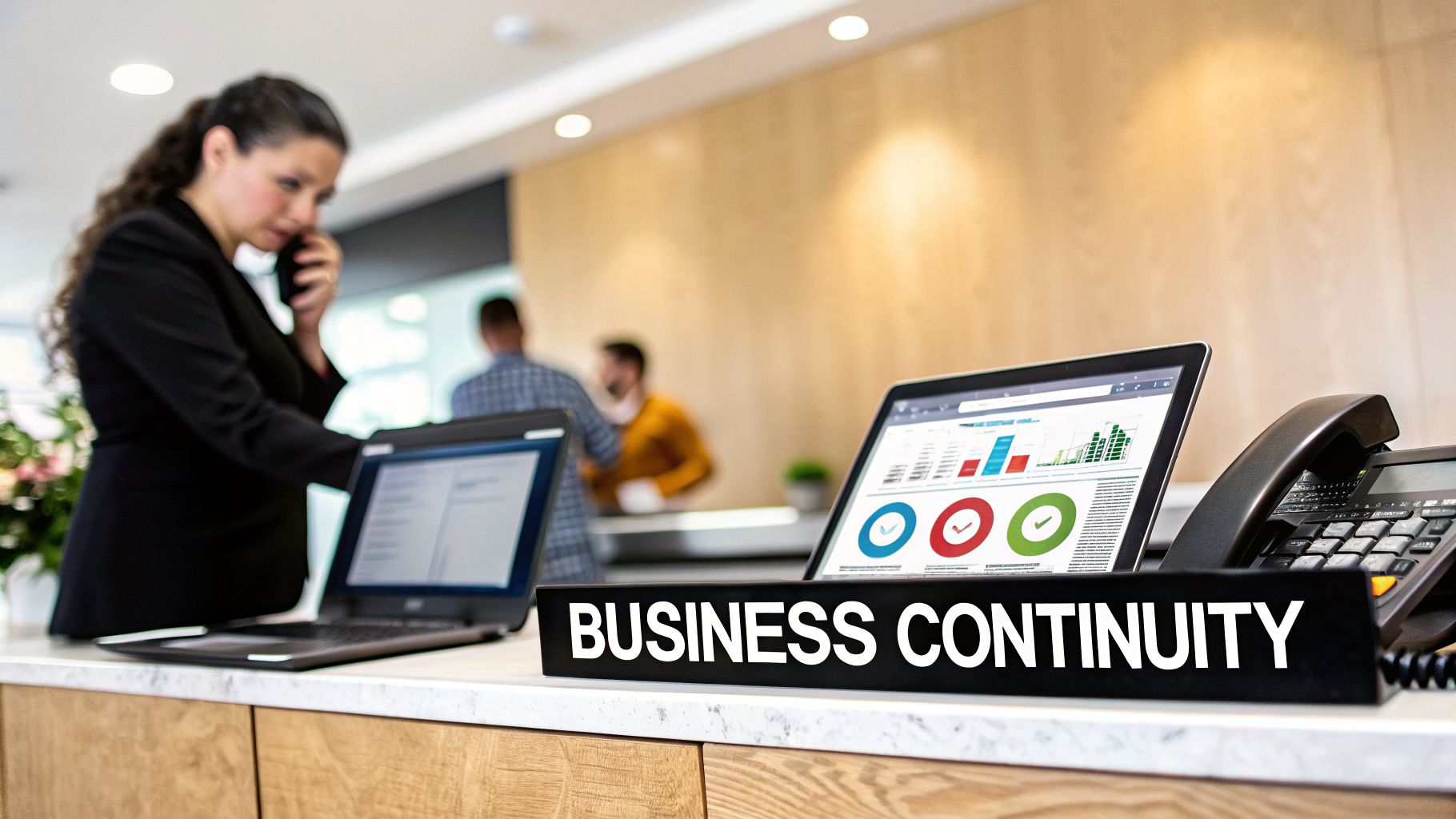 Professional setting with a woman on a phone, laptops displaying data, and a 'BUSINESS CONTINUITY' sign.