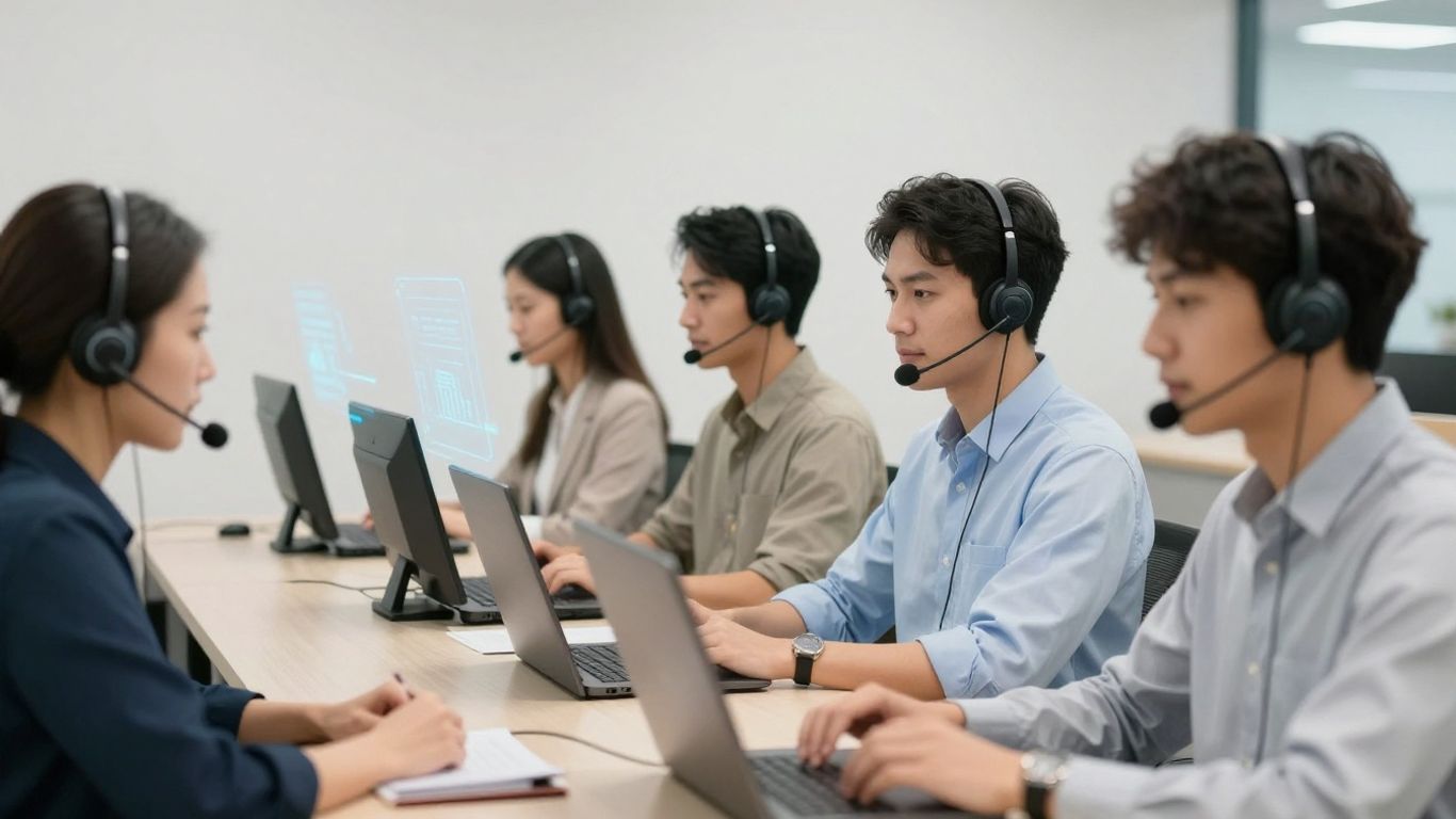 Call center agents using headsets, AI elements, self-storage business.
