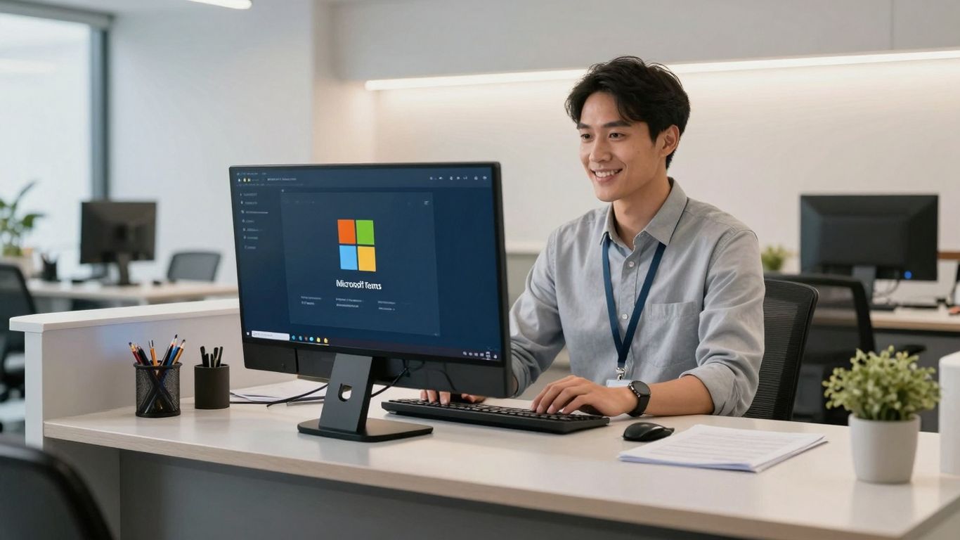Modern office reception with Microsoft Teams interface.