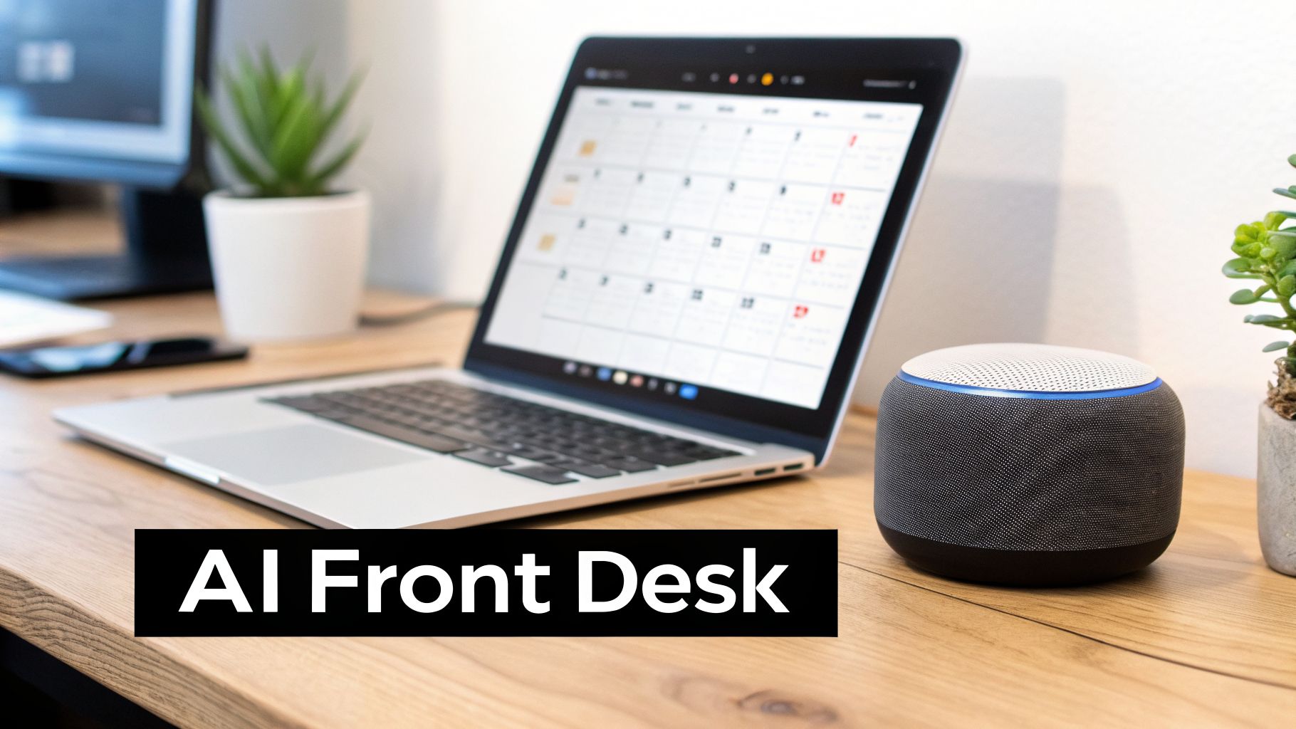 An AI front desk setup with a laptop displaying a calendar and a smart speaker on a wooden desk.