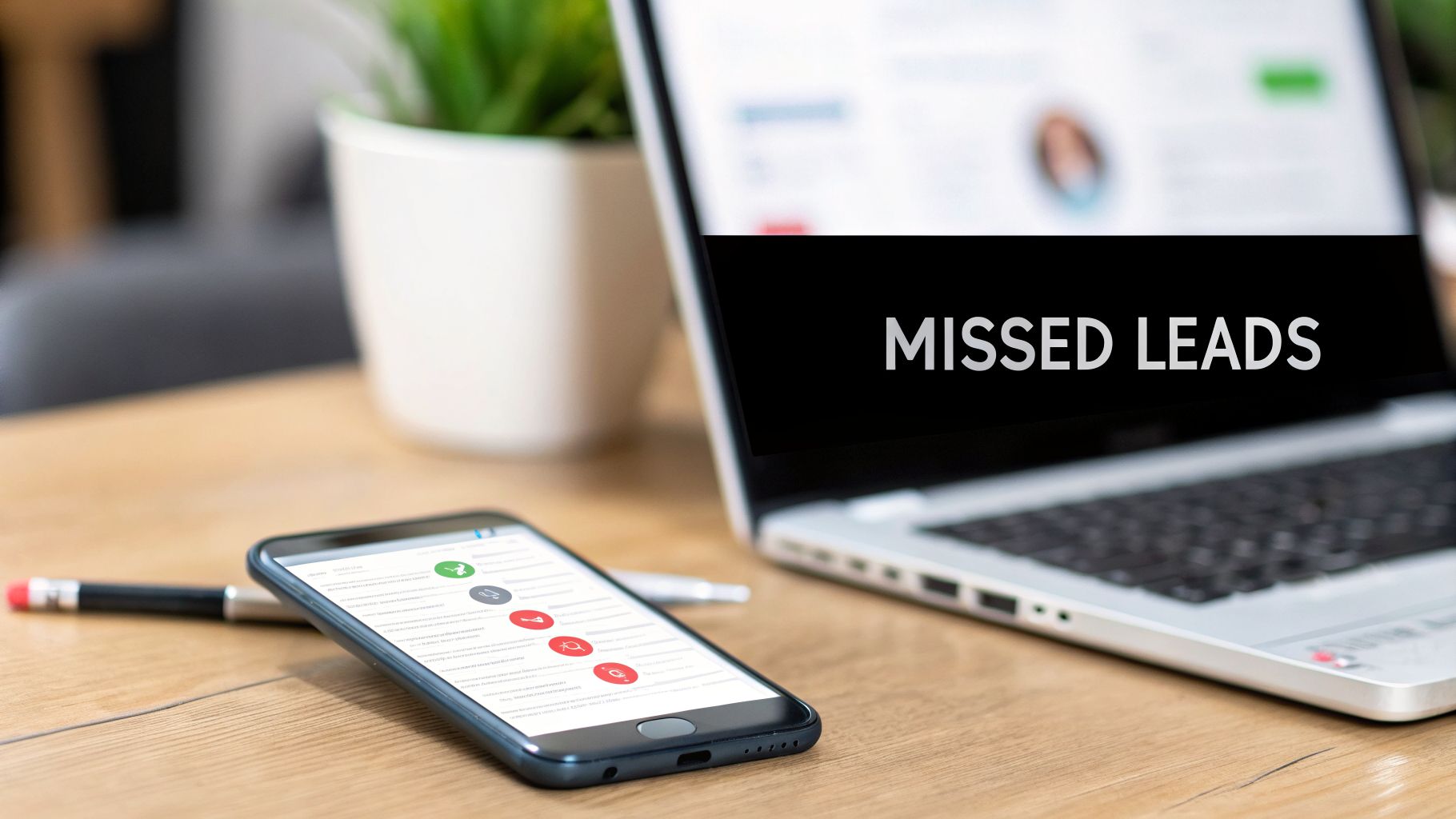 A laptop with 'MISSED LEADS' on screen and a phone with call logs, symbolizing lost business opportunities.