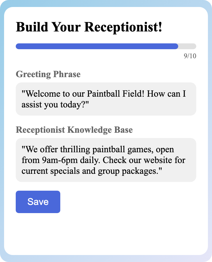 Sample receptionist setup for Paintball Field