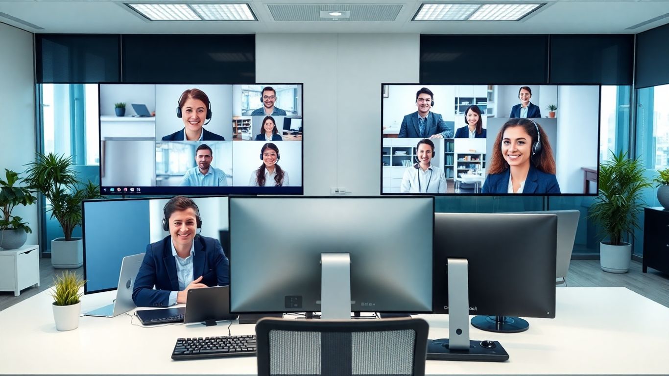 Professional virtual receptionists interacting through video calls in office