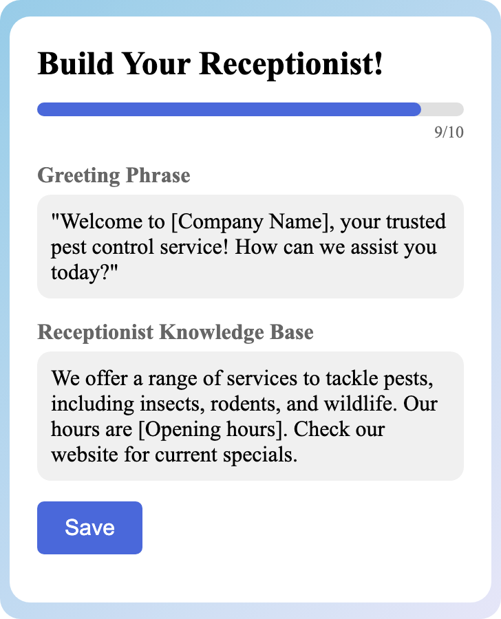 Sample receptionist setup for Pest Control Service