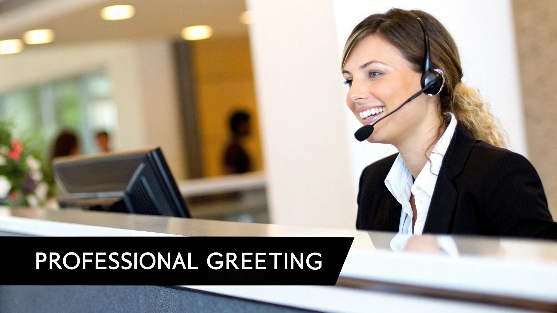 A receptionist with a headset smiling and speaking professionally on the phone.