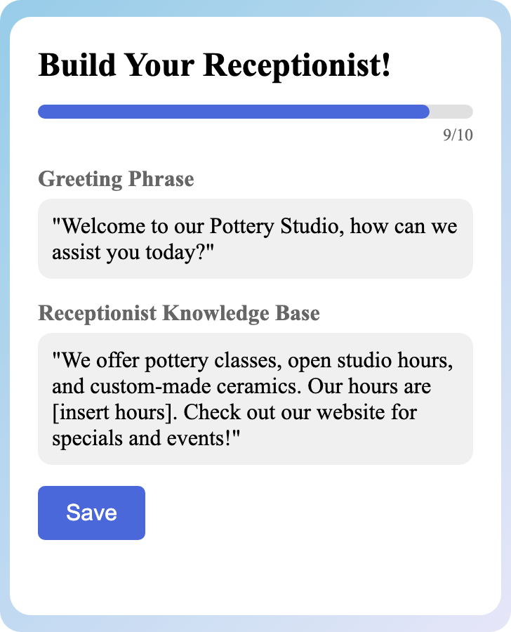 Sample receptionist setup for Pottery Studio