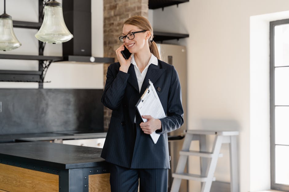 A professional phone agent in a modern office setting, confidently speaking on the phone with a customer inquiry about property management.