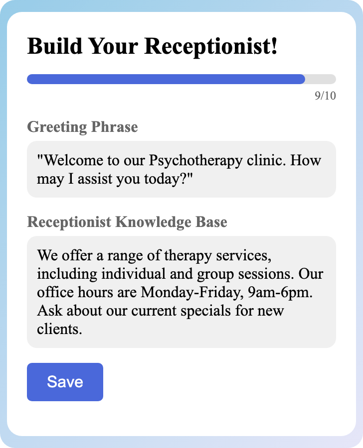 Sample receptionist setup for Psychotherapy