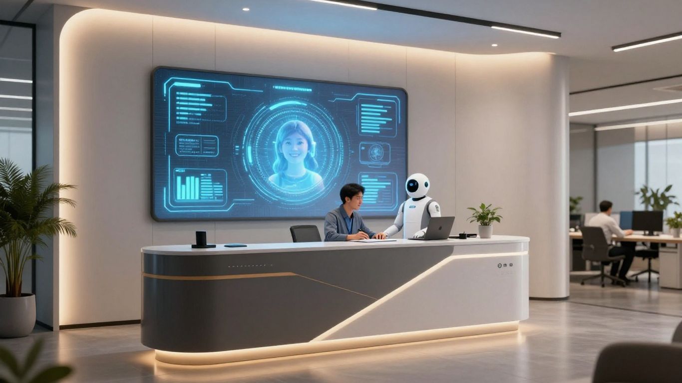 AI receptionist interacting with a client in a modern office.