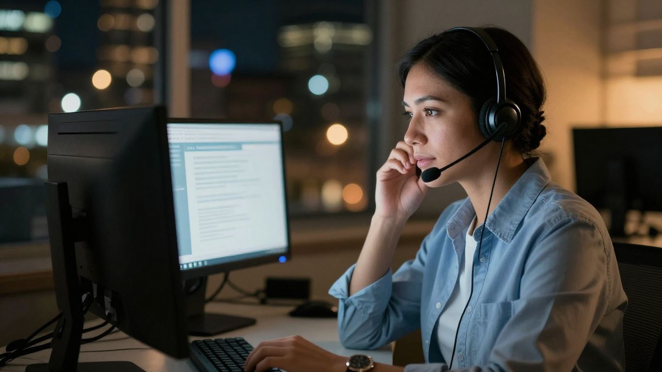 Call center agent answering night calls in Lafayette, LA.