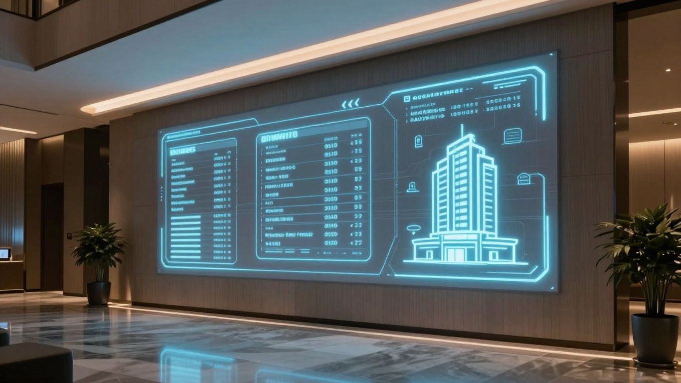 AI booking assistant interface in a hotel lobby.