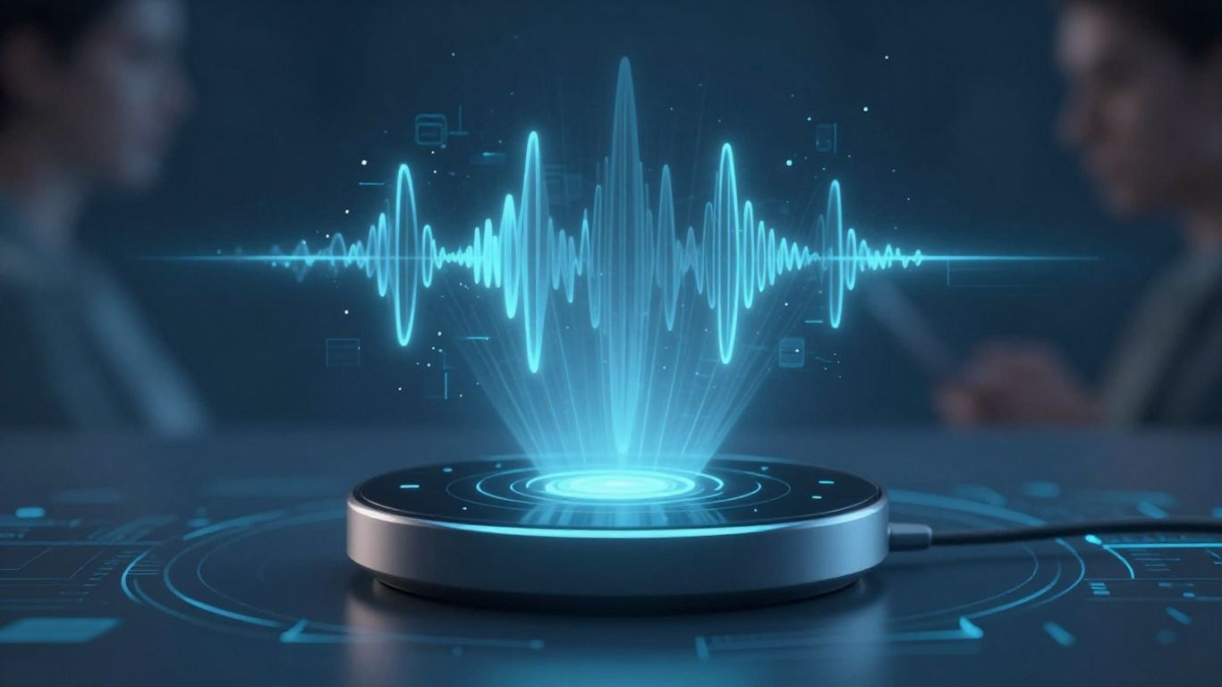 AI voice agent interface with soundwaves and digital patterns.