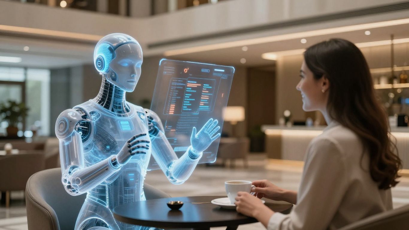 AI assistant helping a guest in a modern hotel lobby.