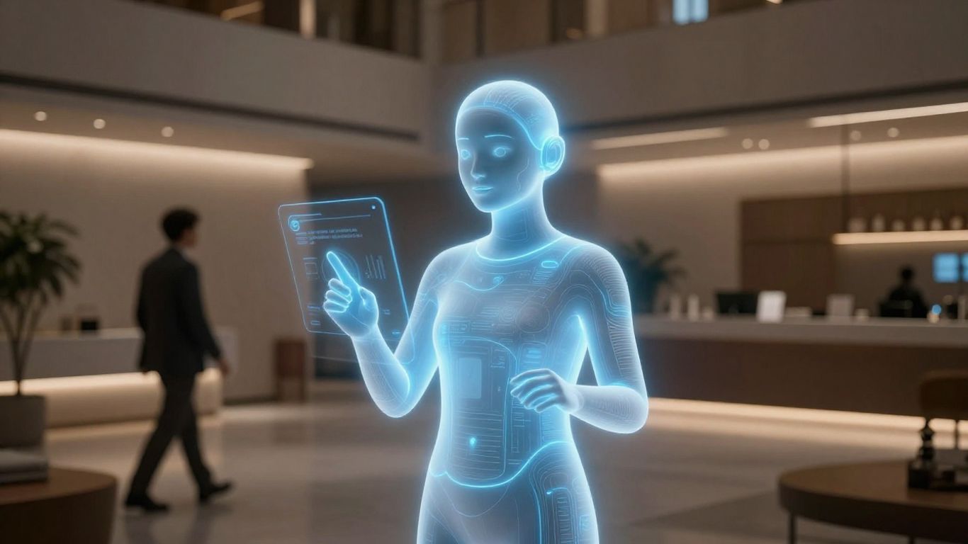 Holographic AI assistant in a modern hotel lobby.