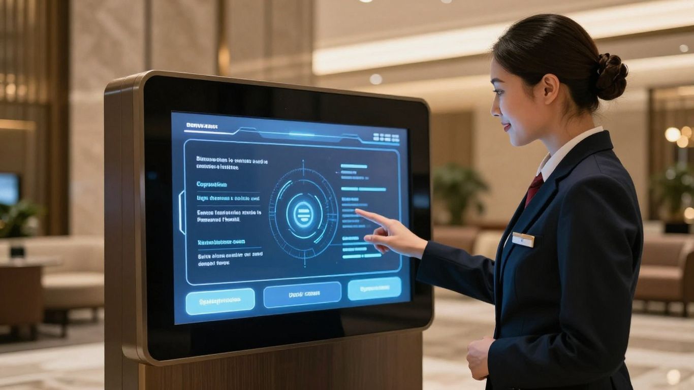 Hotel AI guest service interface and staff member.