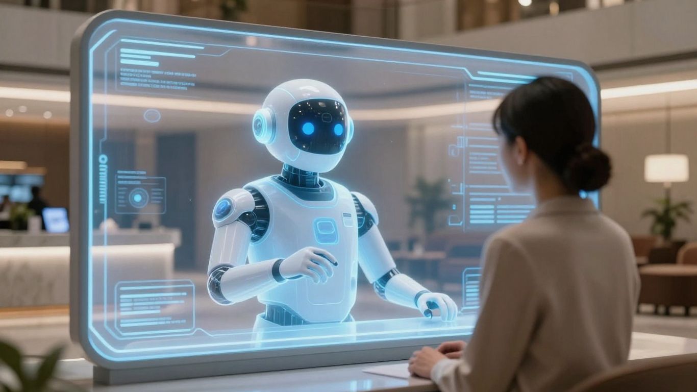 AI assistant on hotel screen interacting with guest.