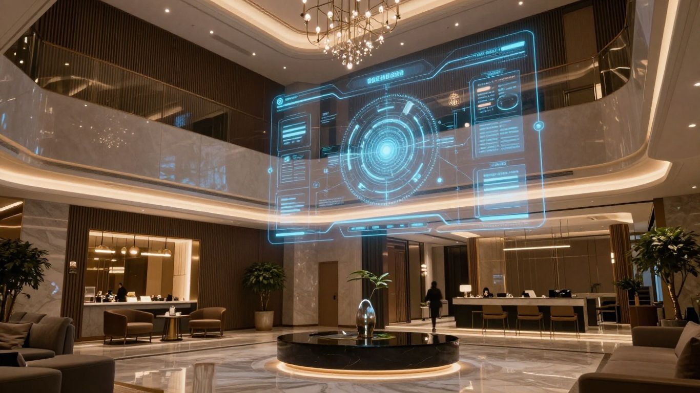 AI interface in a modern hotel lobby.