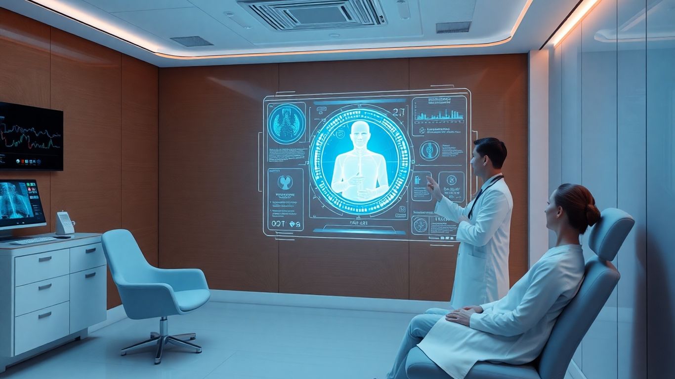 AI chatbot assisting doctor and patient in futuristic medical setting.