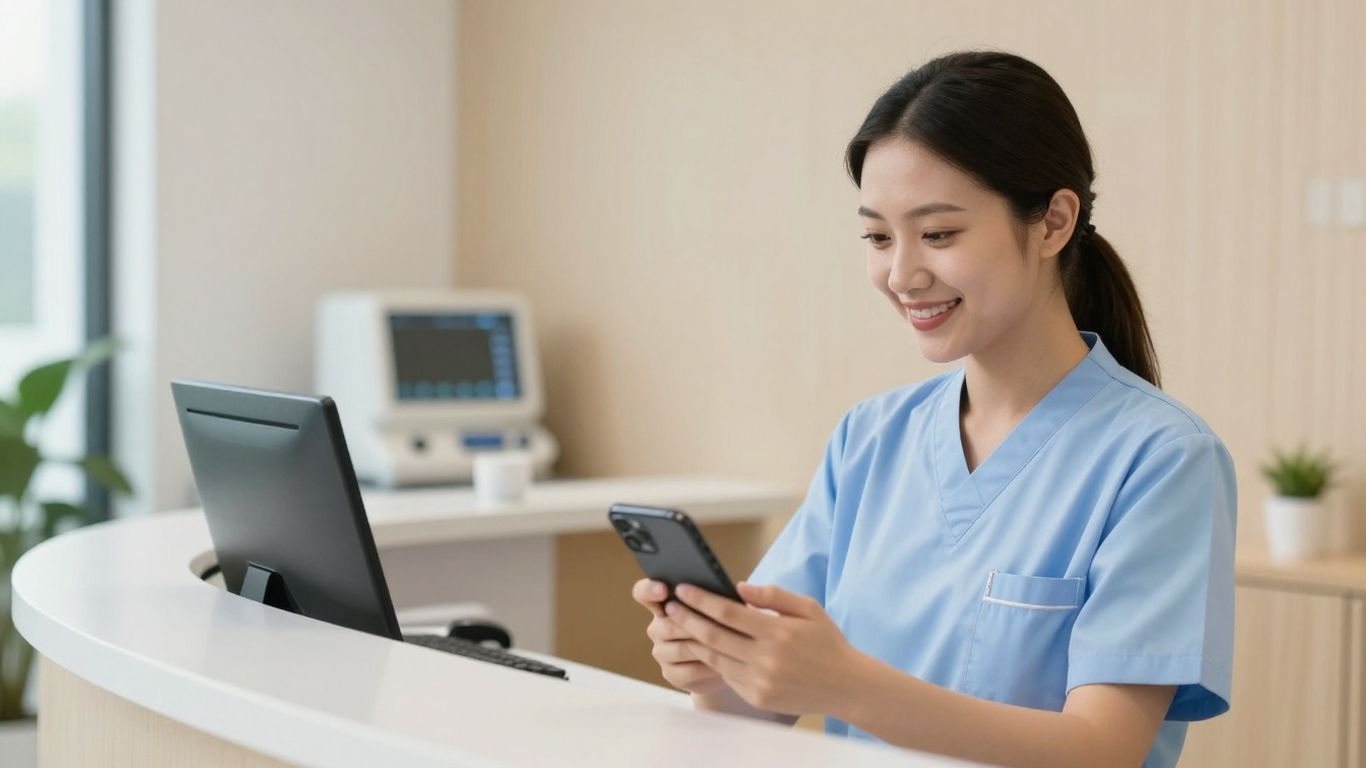 Nurse smiling with a smartphone in a medical office.