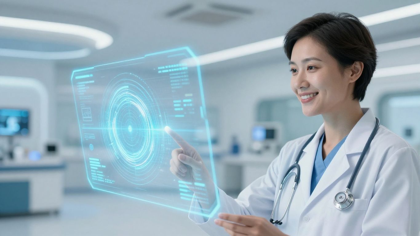 Healthcare professional using AI for patient communication.
